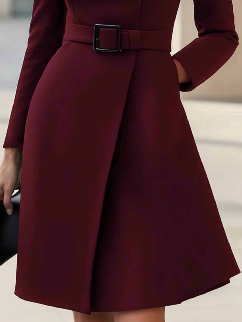 Milionera Modern High-Neck A-Line Midi Dress - Tie-Waist Fit