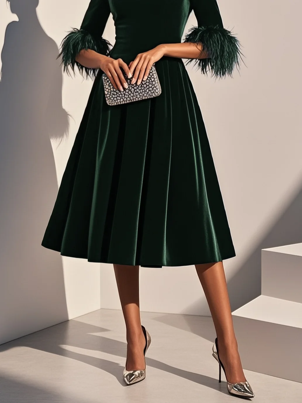 Milionera Luxe Dark Blue Velvet Midi Dress - Feather Trim A-Line