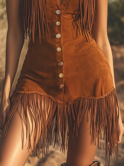 Milionera Brown Faux Suede Fringe Trim Western Mini Dress