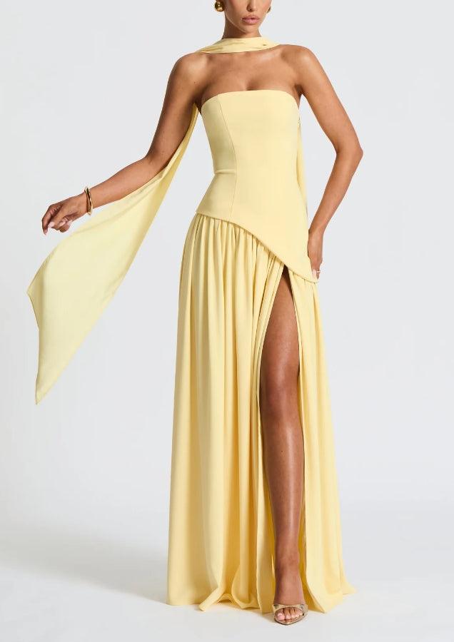 Milionera Pale Yellow Maxi Dress - Strapless & High Slit Fit