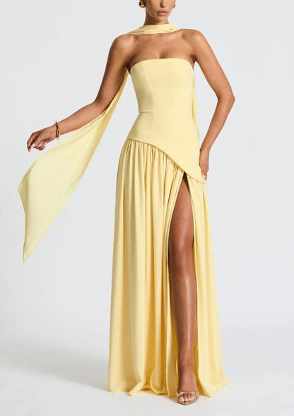 Milionera Pale Yellow Maxi Dress - Strapless & High Slit Fit