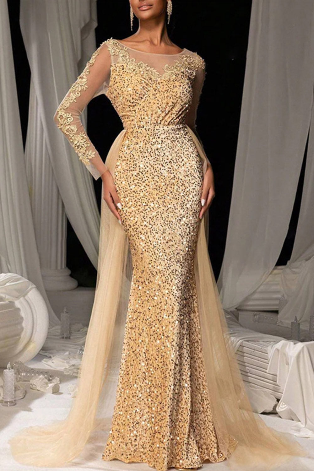 Milionera Dark Brown Mermaid Gown - Sequined Lace Tulle Fit