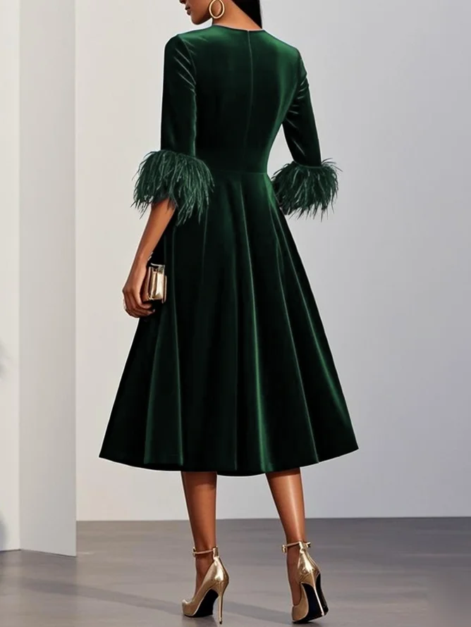 Milionera Luxe Dark Blue Velvet Midi Dress - Feather Trim A-Line