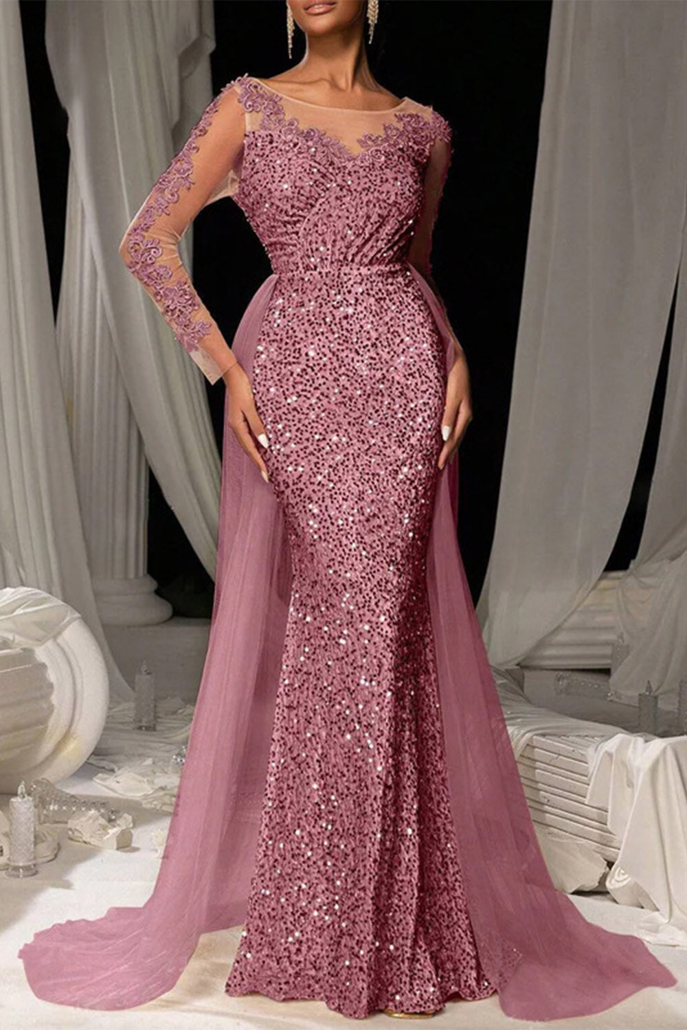 Milionera Dark Brown Mermaid Gown - Sequined Lace Tulle Fit
