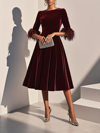 Milionera Luxe Dark Blue Velvet Midi Dress - Feather Trim A-Line