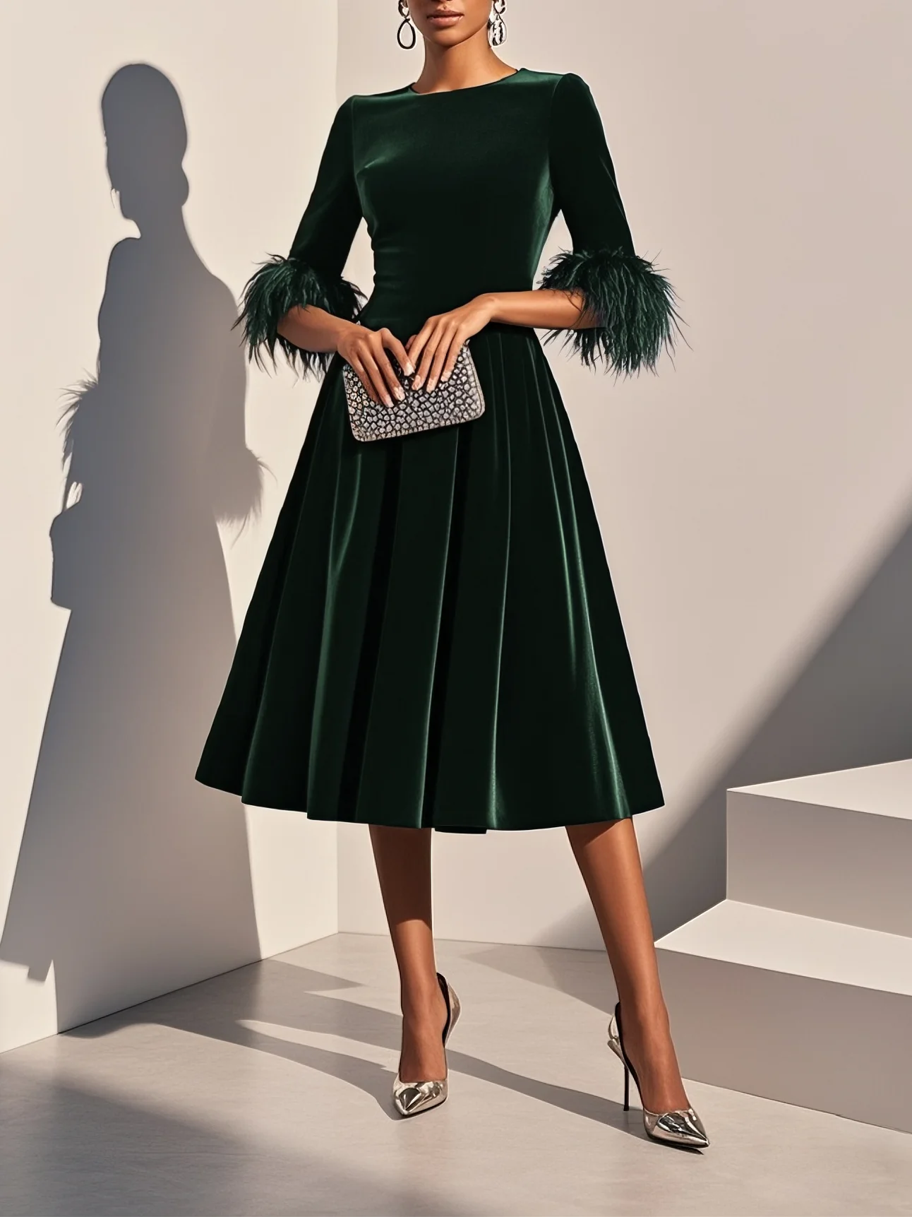Milionera Luxe Dark Blue Velvet Midi Dress - Feather Trim A-Line