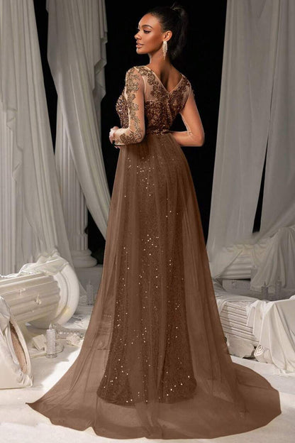 Milionera Dark Brown Mermaid Gown - Sequined Lace Tulle Fit