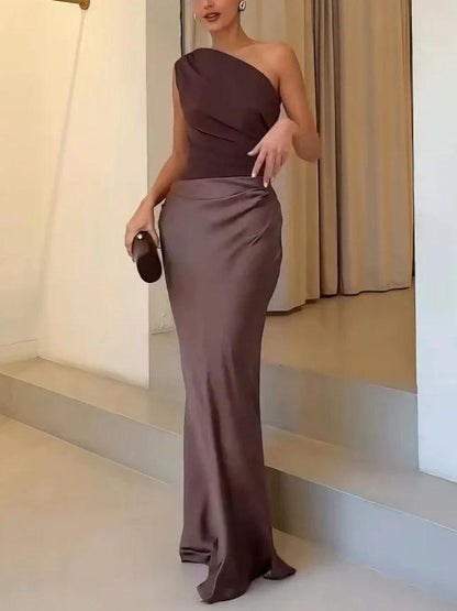 Milionera Silk Maxi Dress - One-Shoulder & Pleated Satin
