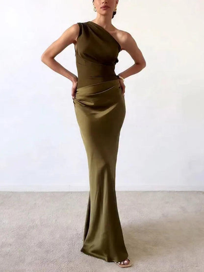 Milionera Silk Maxi Dress - One-Shoulder & Pleated Satin