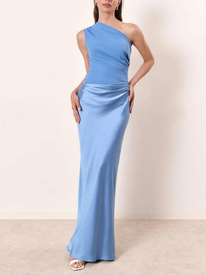 Milionera Silk Maxi Dress - One-Shoulder & Pleated Satin