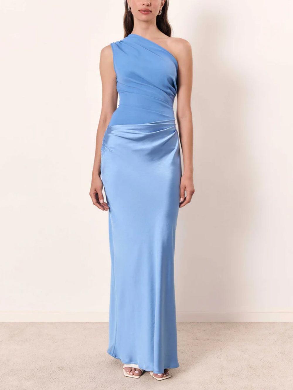 Milionera Silk Maxi Dress - One-Shoulder & Pleated Satin