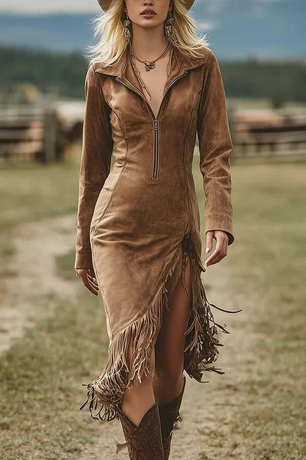 Milionera Modern Suede Midi Dress - Long Sleeve