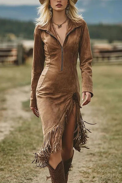 Milionera Modern Suede Midi Dress - Long Sleeve