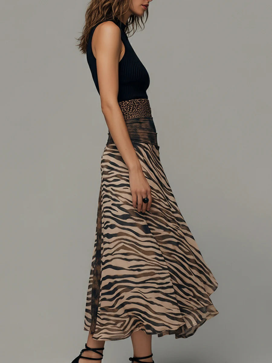 Milionera Vintage Zebra Print Patchwork Midi Dress - Sleeveless