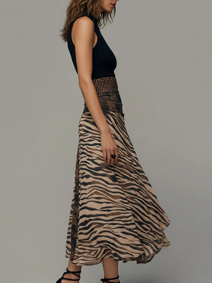 Milionera Vintage Zebra Print Patchwork Midi Dress - Sleeveless