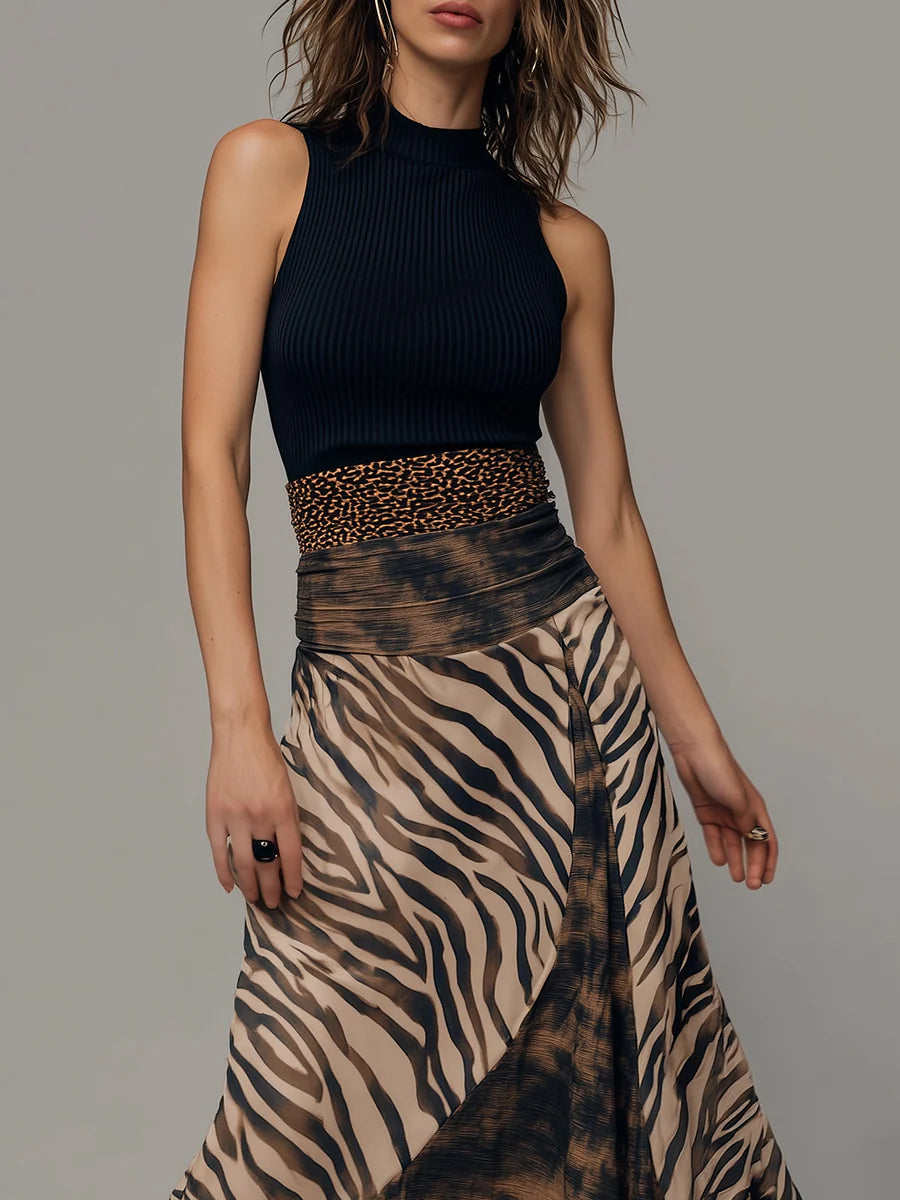 Milionera Vintage Zebra Print Patchwork Midi Dress - Sleeveless