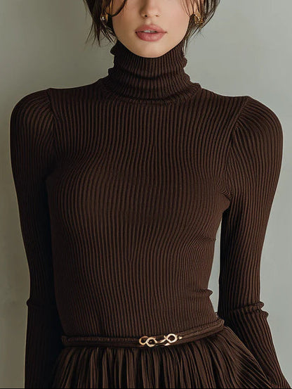 Milionera Chocolate Brown Ribbed Pleated Bodycon Mini Dress