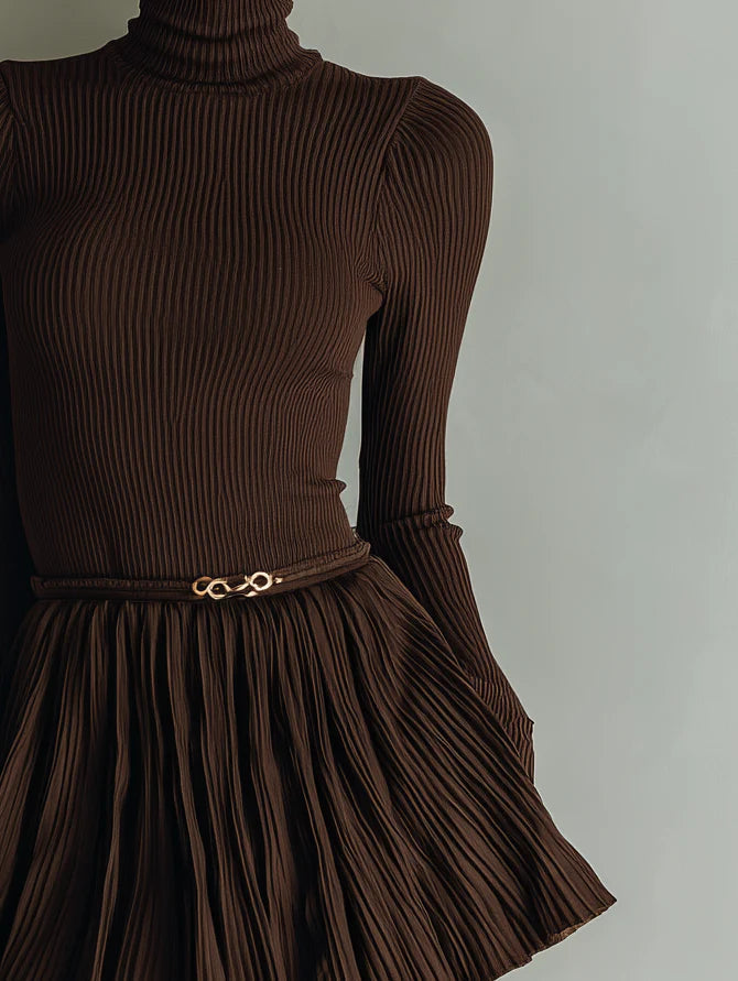 Milionera Chocolate Brown Ribbed Pleated Bodycon Mini Dress