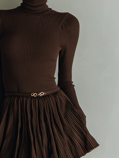 Milionera Chocolate Brown Ribbed Pleated Bodycon Mini Dress