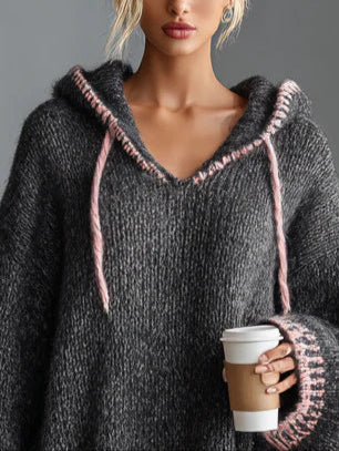 Milionera Charcoal Knit Oversized Hoodie Dress Pink Trim Detail