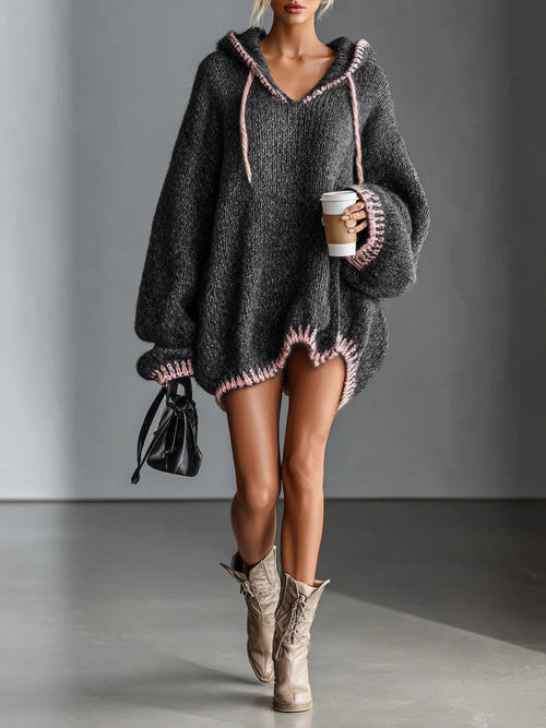 Milionera Charcoal Knit Oversized Hoodie Dress Pink Trim Detail