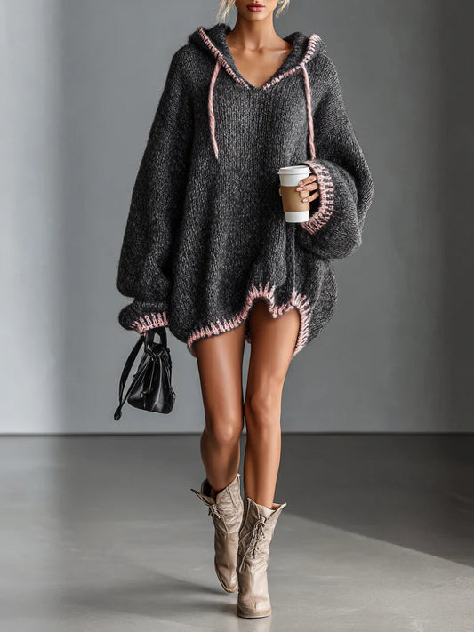 Chicyis Charcoal Knit Oversized Hoodie Dress Pink Trim Detail