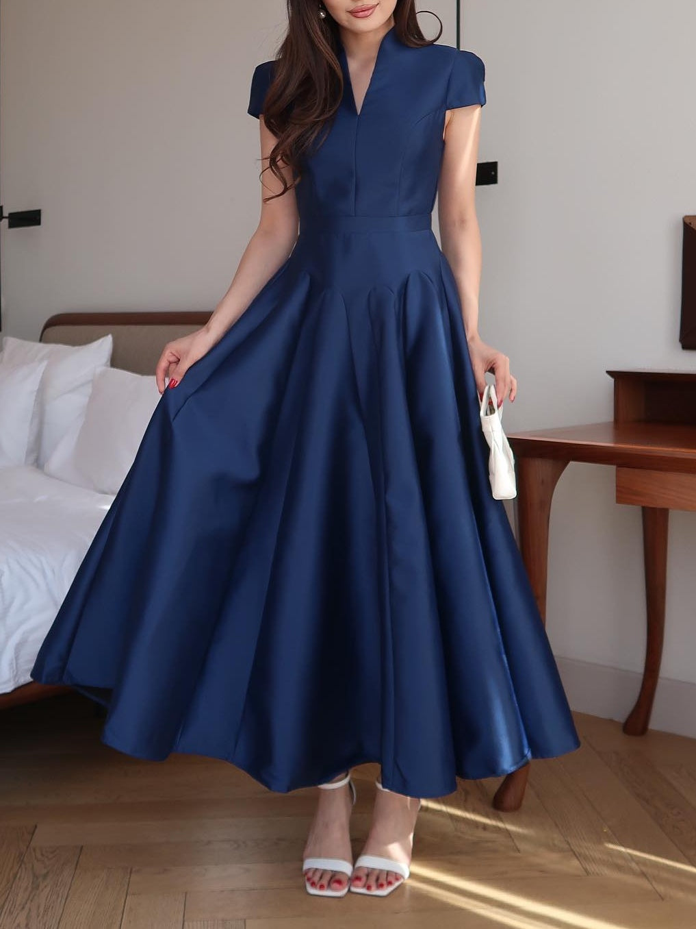 Milionera Dark Blue Maxi Dress - V-Neck & Short Cap Sleeve