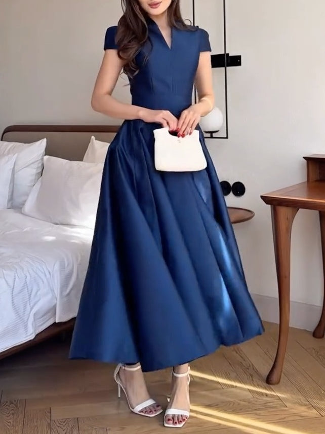 Milionera Dark Blue Maxi Dress - V-Neck & Short Cap Sleeve