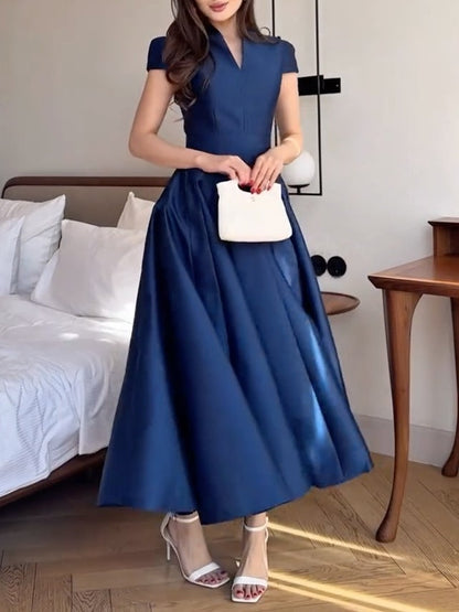Milionera Dark Blue Maxi Dress - V-Neck & Short Cap Sleeve