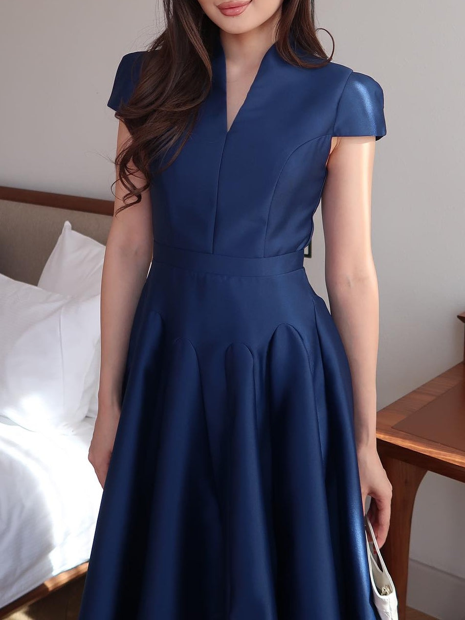 Milionera Dark Blue Maxi Dress - V-Neck & Short Cap Sleeve