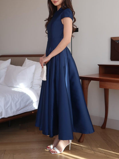 Milionera Dark Blue Maxi Dress - V-Neck & Short Cap Sleeve