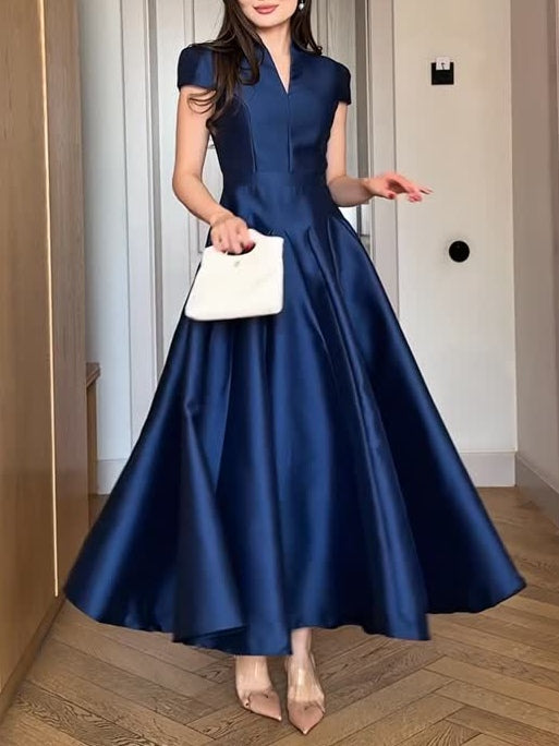 Milionera Dark Blue Maxi Dress - V-Neck & Short Cap Sleeve