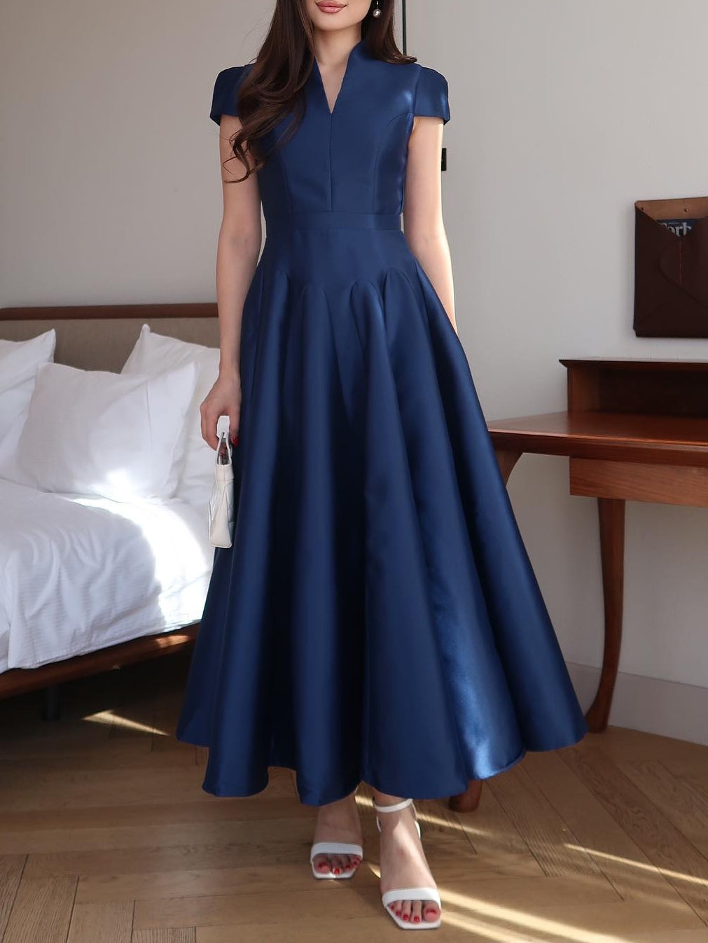 Milionera Dark Blue Maxi Dress - V-Neck & Short Cap Sleeve