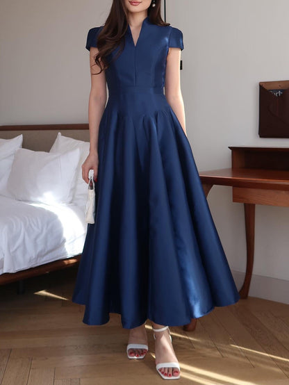 Milionera Dark Blue Maxi Dress - V-Neck & Short Cap Sleeve