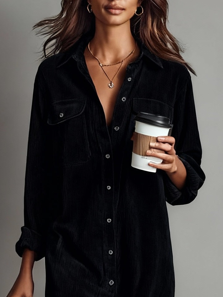 Milionera Black Loose Corduroy Midi Dress - Single Breasted Fit