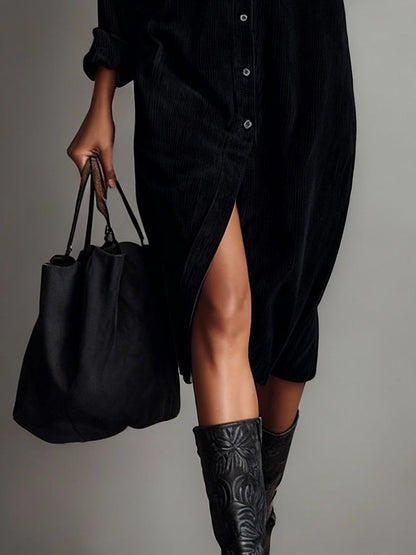 Milionera Black Loose Corduroy Midi Dress - Single Breasted Fit