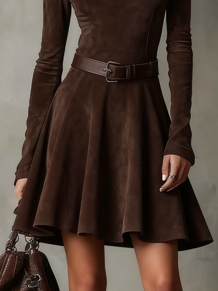 Milionera Brown Faux Suede Mock Neck Belted Skater Mini Dress