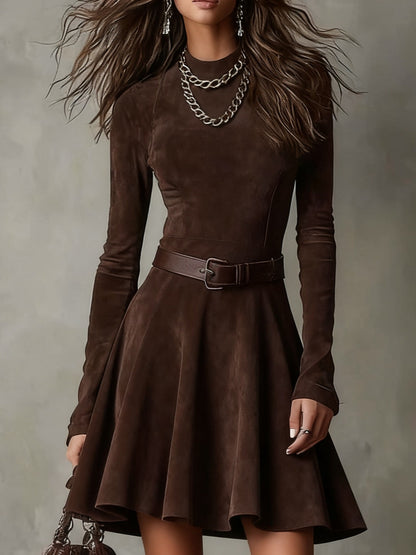 Milionera Brown Faux Suede Mock Neck Belted Skater Mini Dress