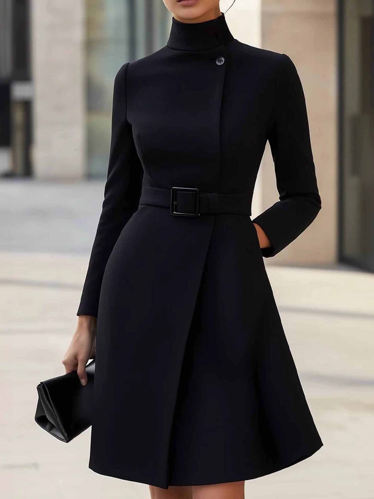 Milionera Modern High-Neck A-Line Midi Dress - Tie-Waist Fit
