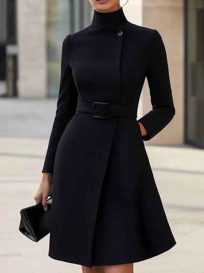 Milionera Modern High-Neck A-Line Midi Dress - Tie-Waist Fit
