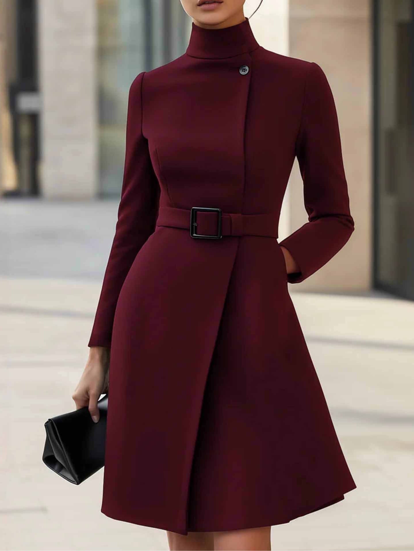 Milionera Modern High-Neck A-Line Midi Dress - Tie-Waist Fit
