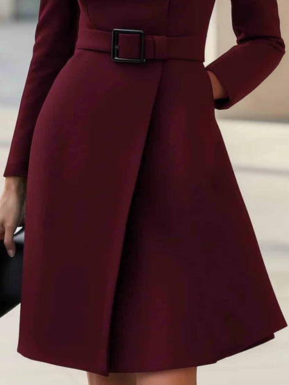 Milionera Modern High-Neck A-Line Midi Dress - Tie-Waist Fit