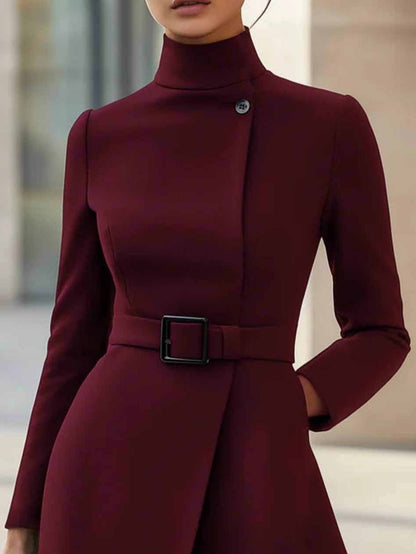 Milionera Modern High-Neck A-Line Midi Dress - Tie-Waist Fit