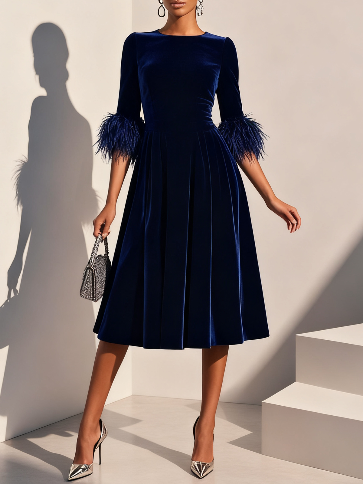Milionera Luxe Dark Blue Velvet Midi Dress - Feather Trim A-Line
