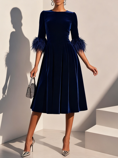 Milionera Luxe Dark Blue Velvet Midi Dress - Feather Trim A-Line