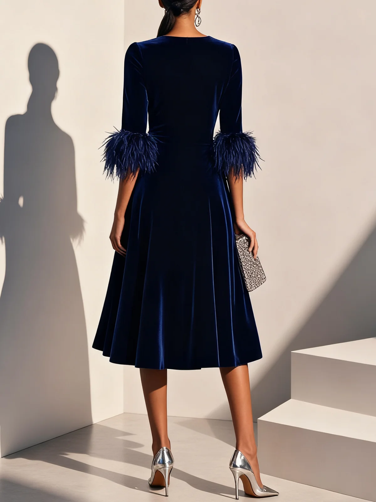 Milionera Luxe Dark Blue Velvet Midi Dress - Feather Trim A-Line