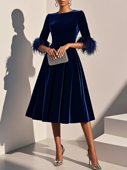 Milionera Luxe Dark Blue Velvet Midi Dress - Feather Trim A-Line
