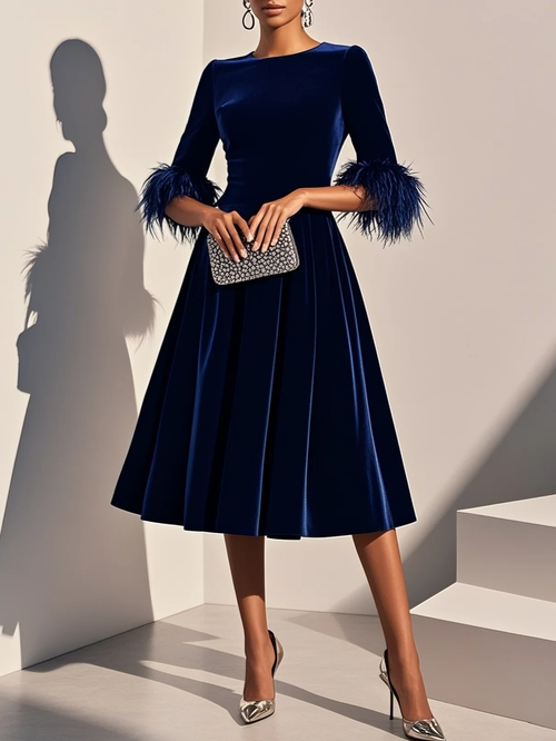Milionera Luxe Dark Blue Velvet Midi Dress - Feather Trim A-Line