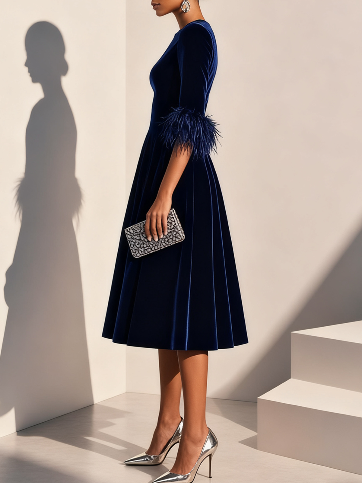 Milionera Luxe Dark Blue Velvet Midi Dress - Feather Trim A-Line