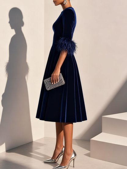 Milionera Luxe Dark Blue Velvet Midi Dress - Feather Trim A-Line